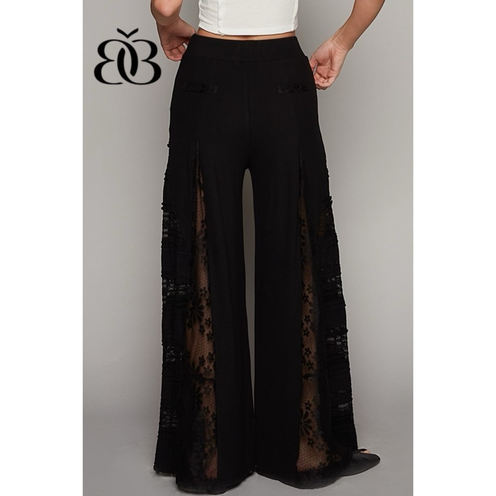 POL Black Rib Knit Lace Panel Flare Pants | Patchwork Wide Leg Pull On - Picture 11 of 13